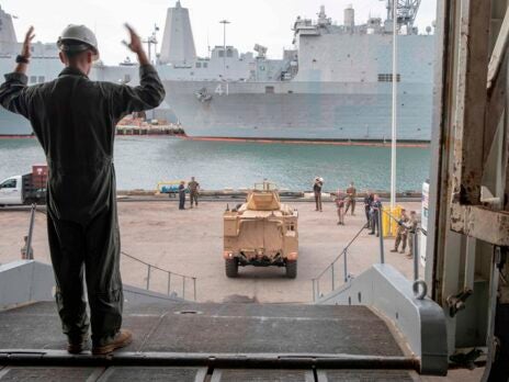USMC performs load test of JLTV armoured vehicle aboard USS Kearsarge