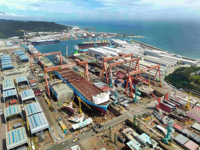 Birds-eye view of HD Hyundai shipping yard